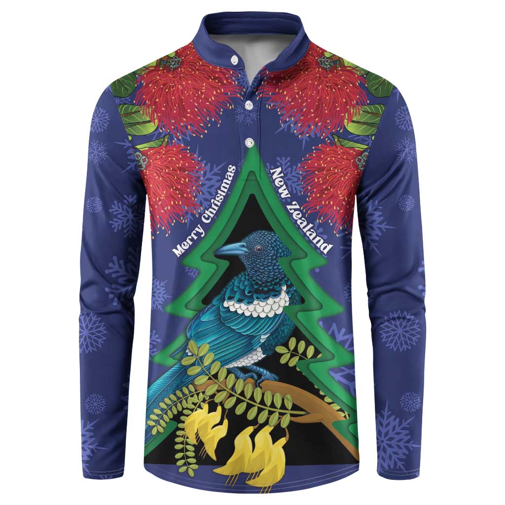 New Zealand Christmas In July Button Sweatshirt Kowhai Tui Bird With Pohutukawa - Blue LT14 Blue - Polynesian Pride