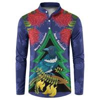New Zealand Christmas In July Button Sweatshirt Kowhai Tui Bird With Pohutukawa - Blue LT14 Blue - Polynesian Pride