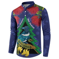 New Zealand Christmas In July Button Sweatshirt Kowhai Tui Bird With Pohutukawa - Blue LT14 - Polynesian Pride