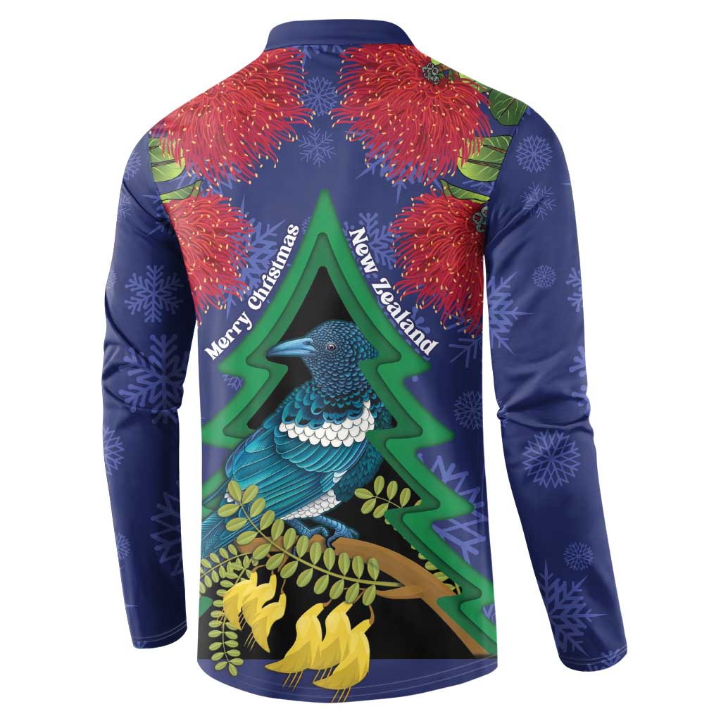 New Zealand Christmas In July Button Sweatshirt Kowhai Tui Bird With Pohutukawa - Blue LT14 - Polynesian Pride