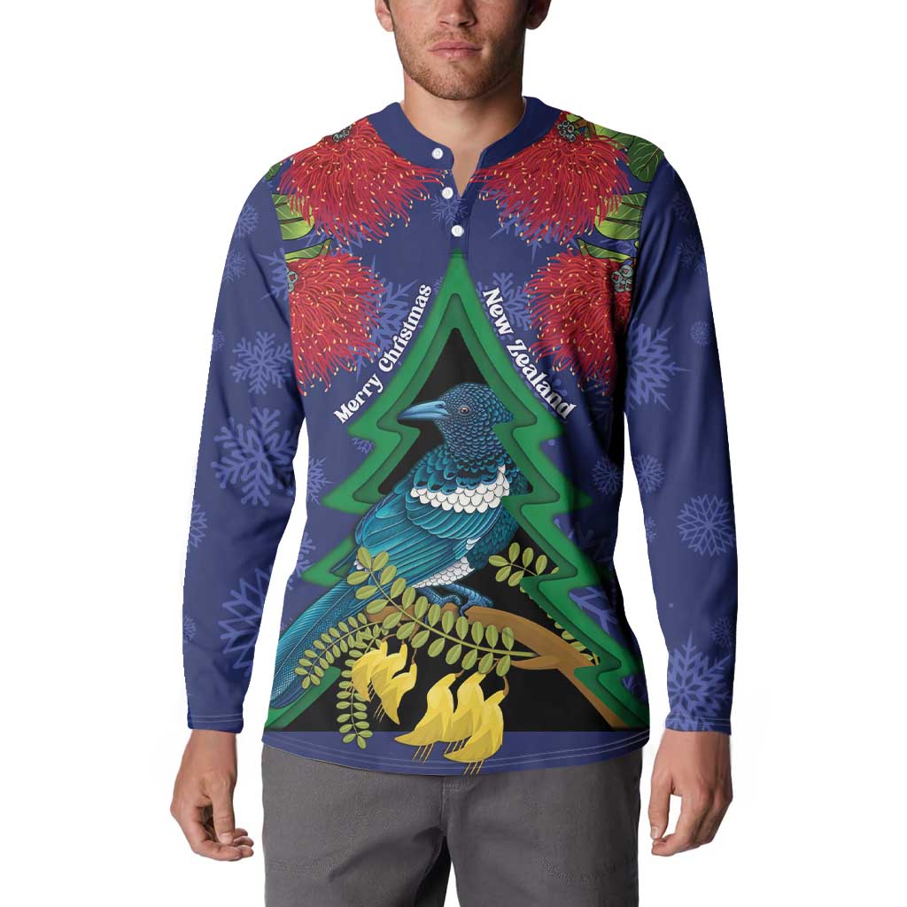 New Zealand Christmas In July Button Sweatshirt Kowhai Tui Bird With Pohutukawa - Blue LT14 - Polynesian Pride