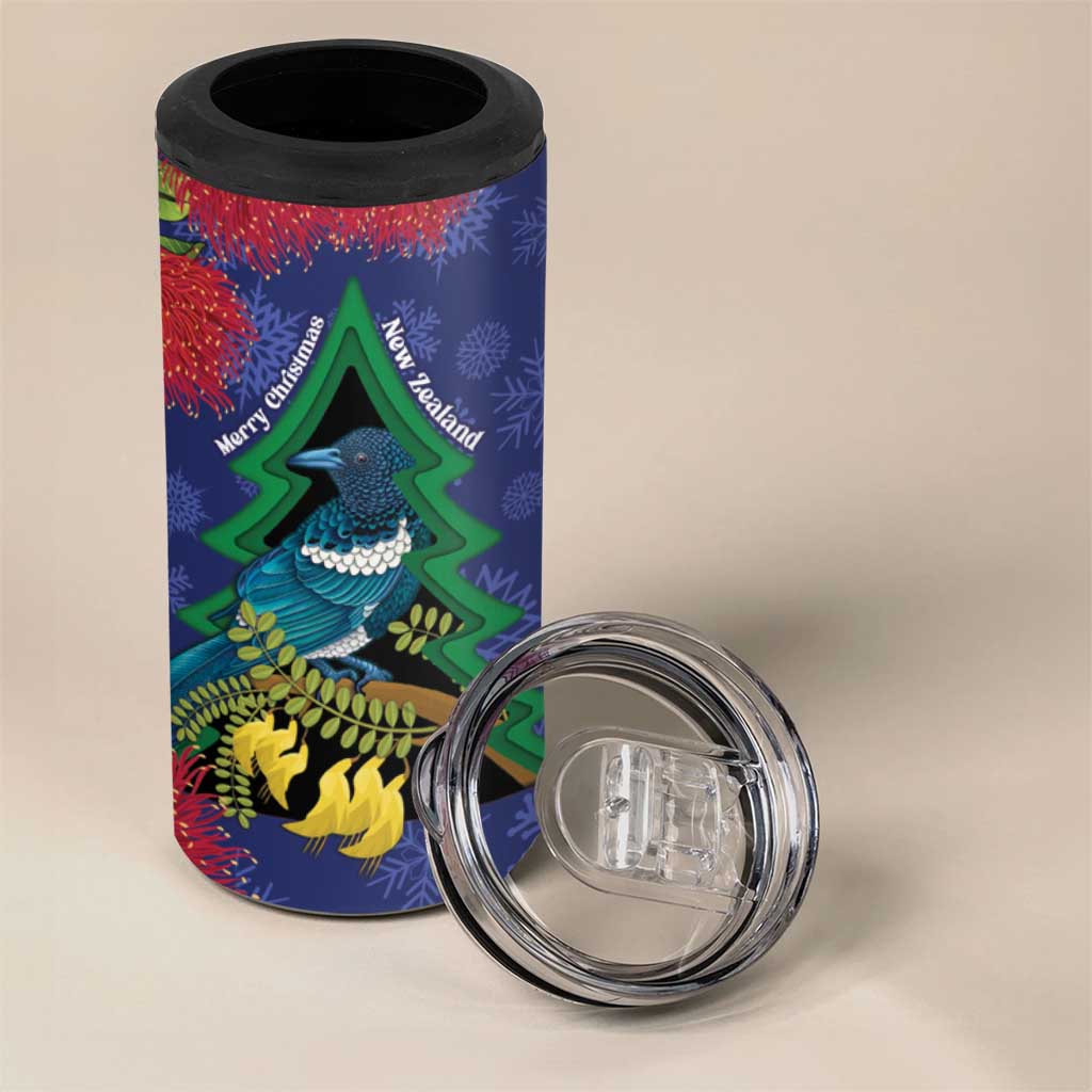 New Zealand Christmas In July 4 in 1 Can Cooler Tumbler Kowhai Tui Bird With Pohutukawa - Blue LT14 - Polynesian Pride