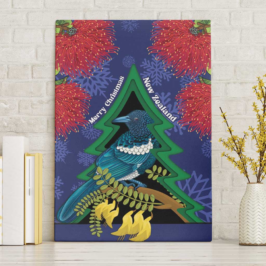 New Zealand Christmas In July Canvas Wall Art Kowhai Tui Bird With Pohutukawa - Blue LT14 Without Frame Blue - Polynesian Pride