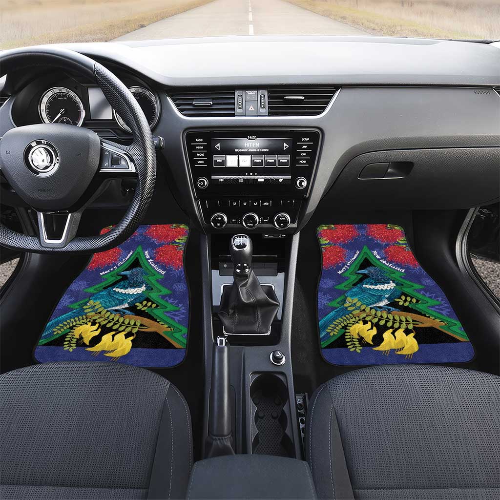 New Zealand Christmas In July Car Mats Kowhai Tui Bird With Pohutukawa - Blue LT14 Set 2pcs - Front Blue - Polynesian Pride