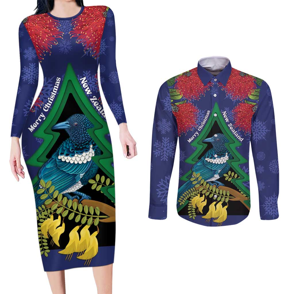 New Zealand Christmas In July Couples Matching Long Sleeve Bodycon Dress and Long Sleeve Button Shirt Kowhai Tui Bird With Pohutukawa - Blue LT14 Blue - Polynesian Pride