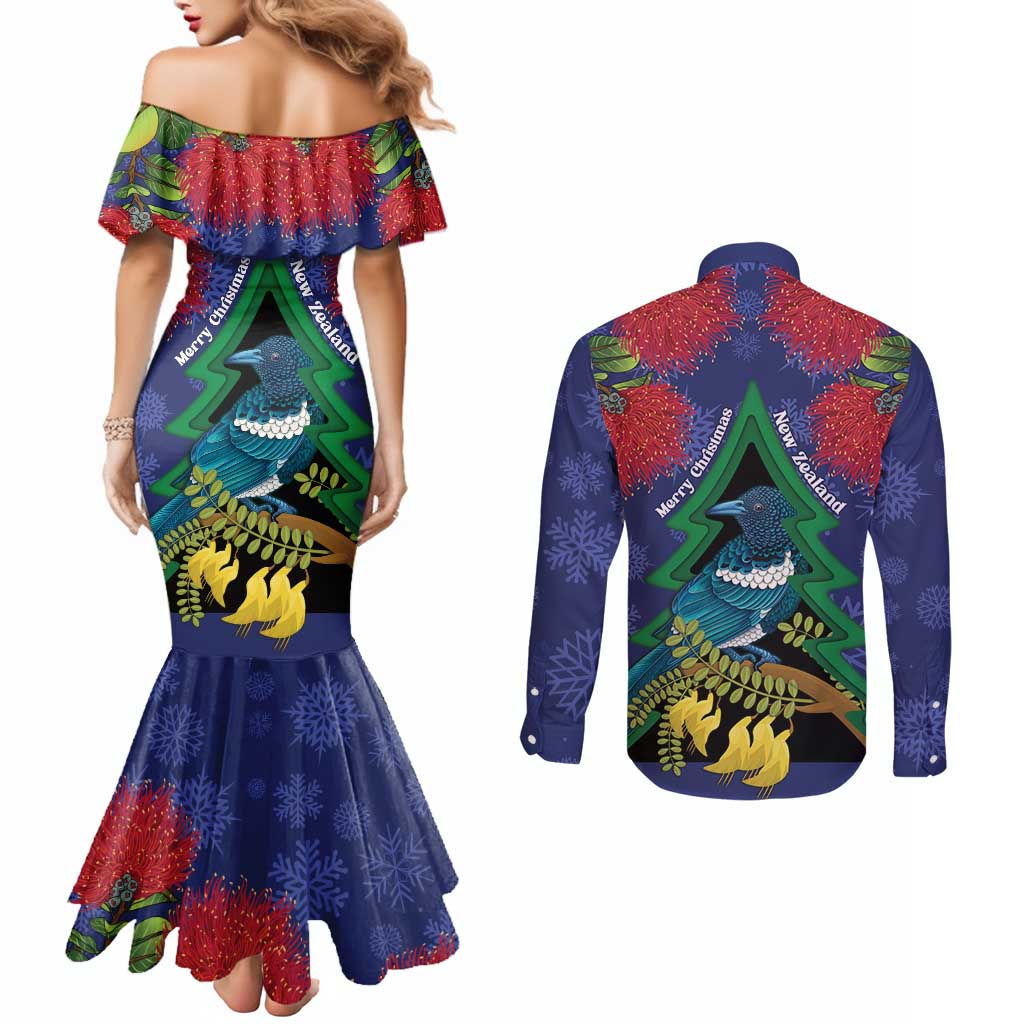 New Zealand Christmas In July Couples Matching Mermaid Dress and Long Sleeve Button Shirt Kowhai Tui Bird With Pohutukawa - Blue LT14 - Polynesian Pride