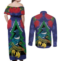 New Zealand Christmas In July Couples Matching Off Shoulder Maxi Dress and Long Sleeve Button Shirt Kowhai Tui Bird With Pohutukawa - Blue LT14 - Polynesian Pride