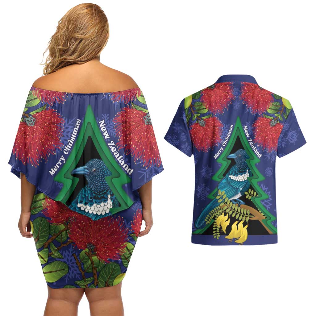New Zealand Christmas In July Couples Matching Off Shoulder Short Dress and Hawaiian Shirt Kowhai Tui Bird With Pohutukawa - Blue LT14 - Polynesian Pride