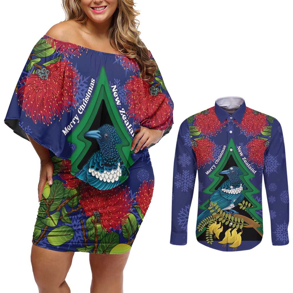 New Zealand Christmas In July Couples Matching Off Shoulder Short Dress and Long Sleeve Button Shirt Kowhai Tui Bird With Pohutukawa - Blue LT14 Blue - Polynesian Pride