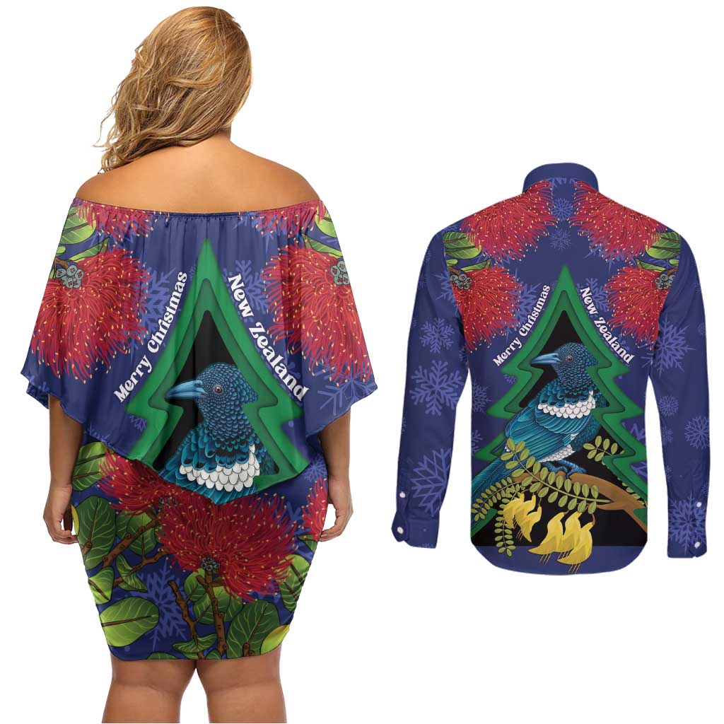 New Zealand Christmas In July Couples Matching Off Shoulder Short Dress and Long Sleeve Button Shirt Kowhai Tui Bird With Pohutukawa - Blue LT14 - Polynesian Pride