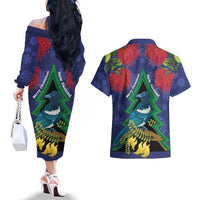 New Zealand Christmas In July Couples Matching Off The Shoulder Long Sleeve Dress and Hawaiian Shirt Kowhai Tui Bird With Pohutukawa - Blue LT14 - Polynesian Pride