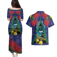 New Zealand Christmas In July Couples Matching Puletasi and Hawaiian Shirt Kowhai Tui Bird With Pohutukawa - Blue LT14 - Polynesian Pride