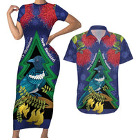 New Zealand Christmas In July Couples Matching Short Sleeve Bodycon Dress and Hawaiian Shirt Kowhai Tui Bird With Pohutukawa - Blue LT14 Blue - Polynesian Pride