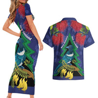 New Zealand Christmas In July Couples Matching Short Sleeve Bodycon Dress and Hawaiian Shirt Kowhai Tui Bird With Pohutukawa - Blue LT14 - Polynesian Pride