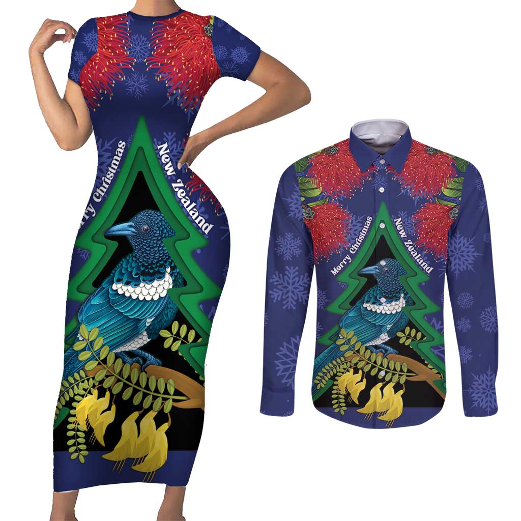 New Zealand Christmas In July Couples Matching Short Sleeve Bodycon Dress and Long Sleeve Button Shirt Kowhai Tui Bird With Pohutukawa - Blue LT14 Blue - Polynesian Pride