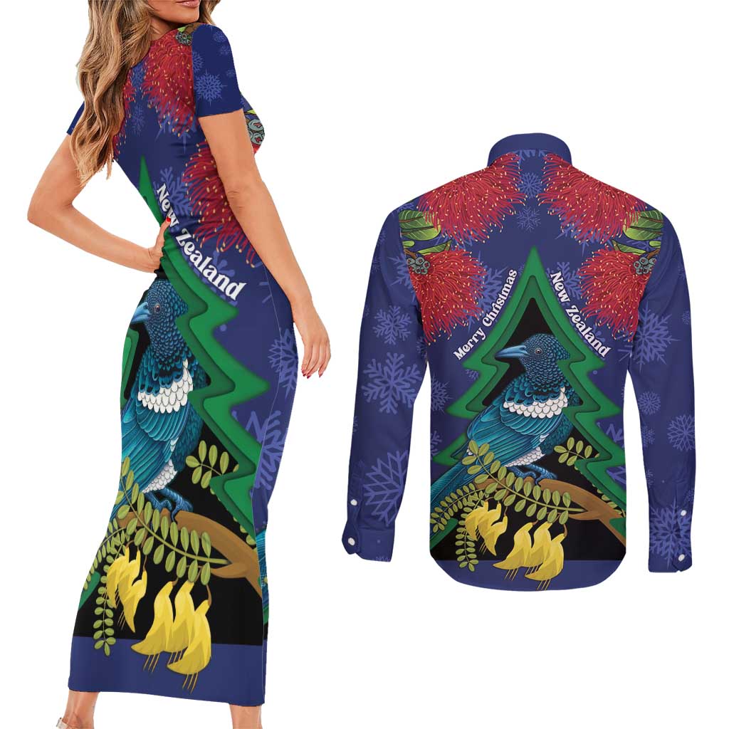 New Zealand Christmas In July Couples Matching Short Sleeve Bodycon Dress and Long Sleeve Button Shirt Kowhai Tui Bird With Pohutukawa - Blue LT14 - Polynesian Pride