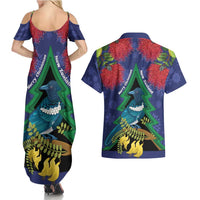 New Zealand Christmas In July Couples Matching Summer Maxi Dress and Hawaiian Shirt Kowhai Tui Bird With Pohutukawa - Blue LT14 - Polynesian Pride