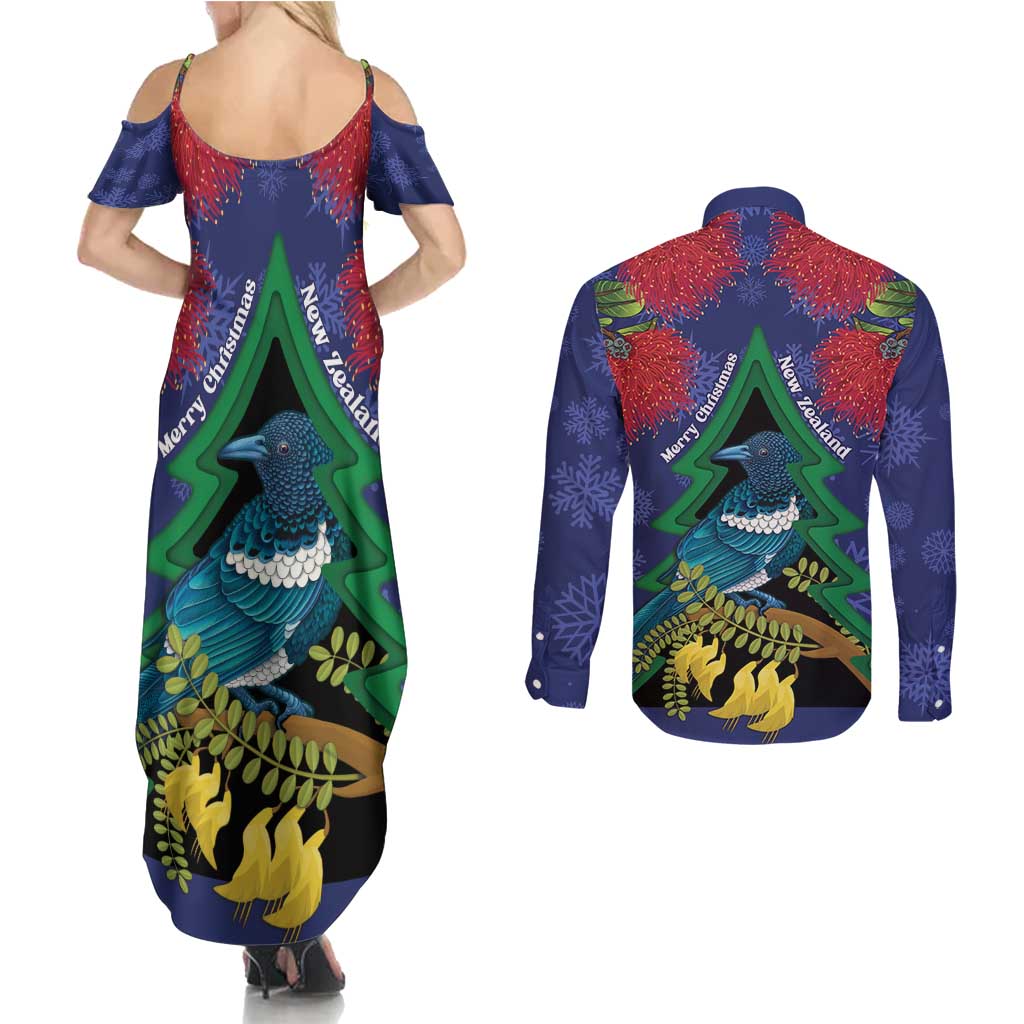 New Zealand Christmas In July Couples Matching Summer Maxi Dress and Long Sleeve Button Shirt Kowhai Tui Bird With Pohutukawa - Blue LT14 - Polynesian Pride