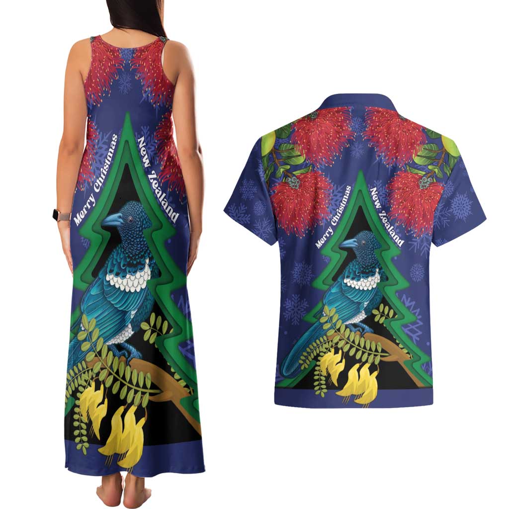 New Zealand Christmas In July Couples Matching Tank Maxi Dress and Hawaiian Shirt Kowhai Tui Bird With Pohutukawa - Blue LT14 - Polynesian Pride