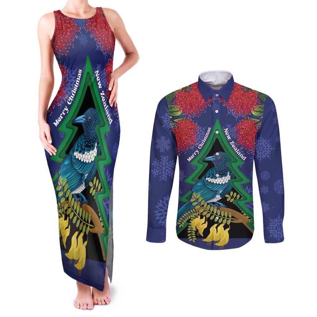 New Zealand Christmas In July Couples Matching Tank Maxi Dress and Long Sleeve Button Shirt Kowhai Tui Bird With Pohutukawa - Blue LT14 Blue - Polynesian Pride