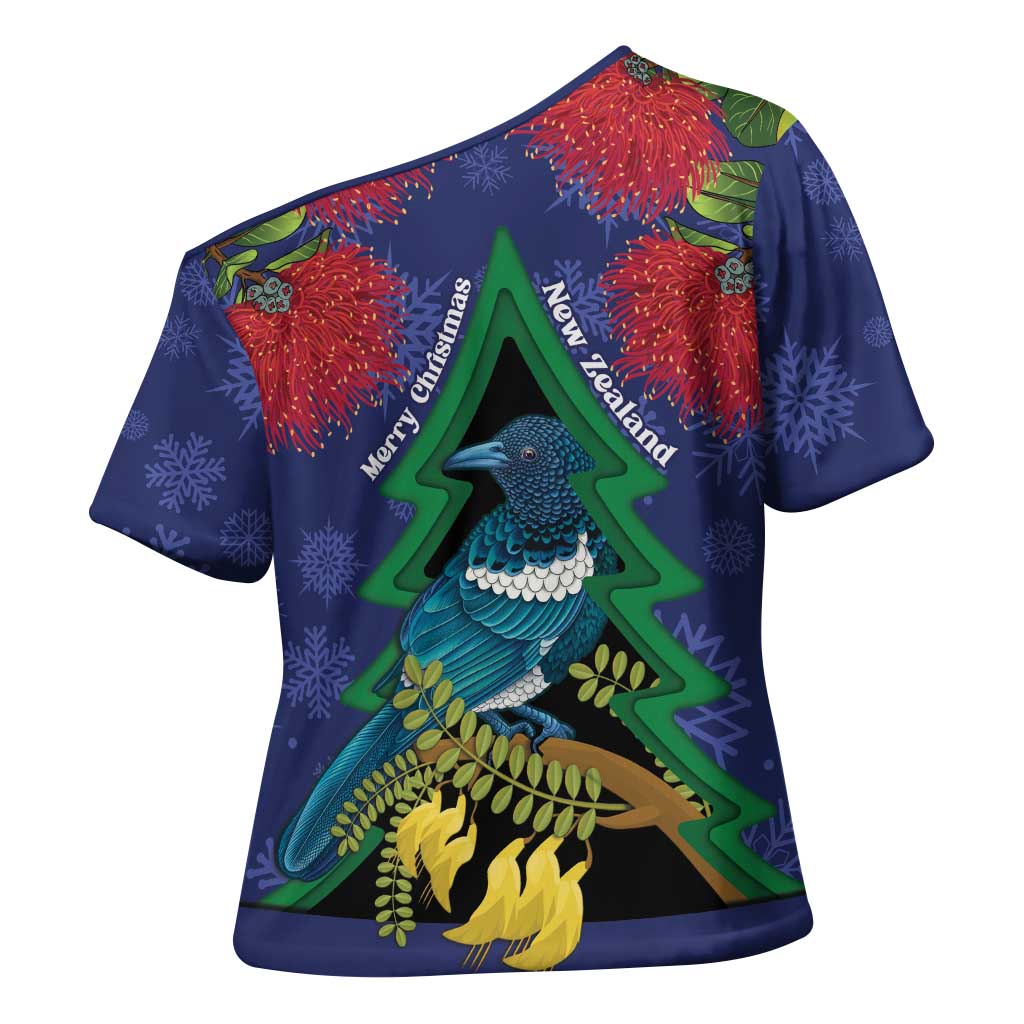 New Zealand Christmas In July Cross Shoulder Shirt Kowhai Tui Bird With Pohutukawa - Blue LT14 - Polynesian Pride