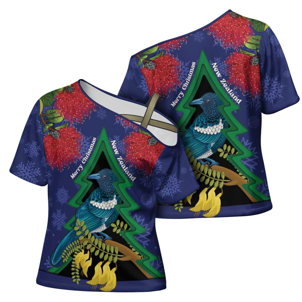 New Zealand Christmas In July Cross Shoulder Shirt Kowhai Tui Bird With Pohutukawa - Blue LT14 - Polynesian Pride