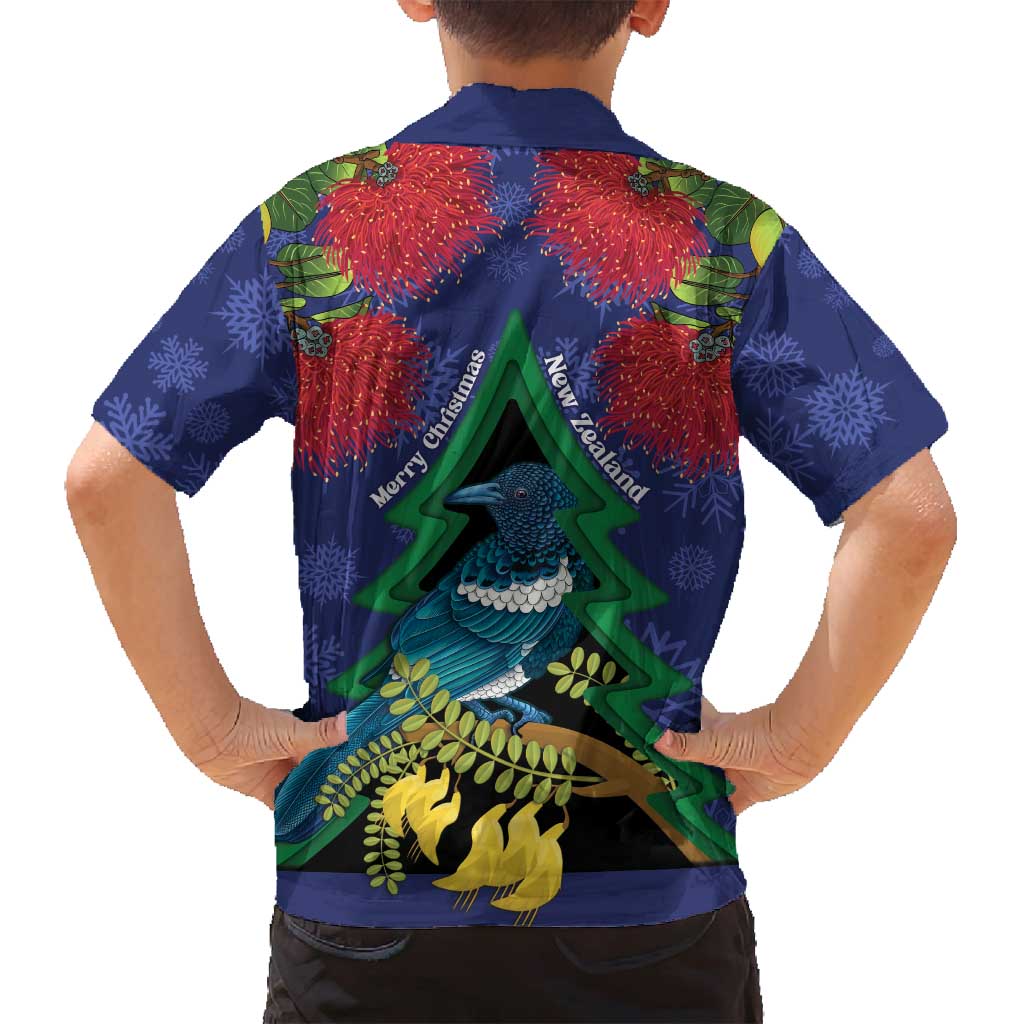 New Zealand Christmas In July Family Matching Long Sleeve Bodycon Dress and Hawaiian Shirt Kowhai Tui Bird With Pohutukawa - Blue LT14 - Polynesian Pride