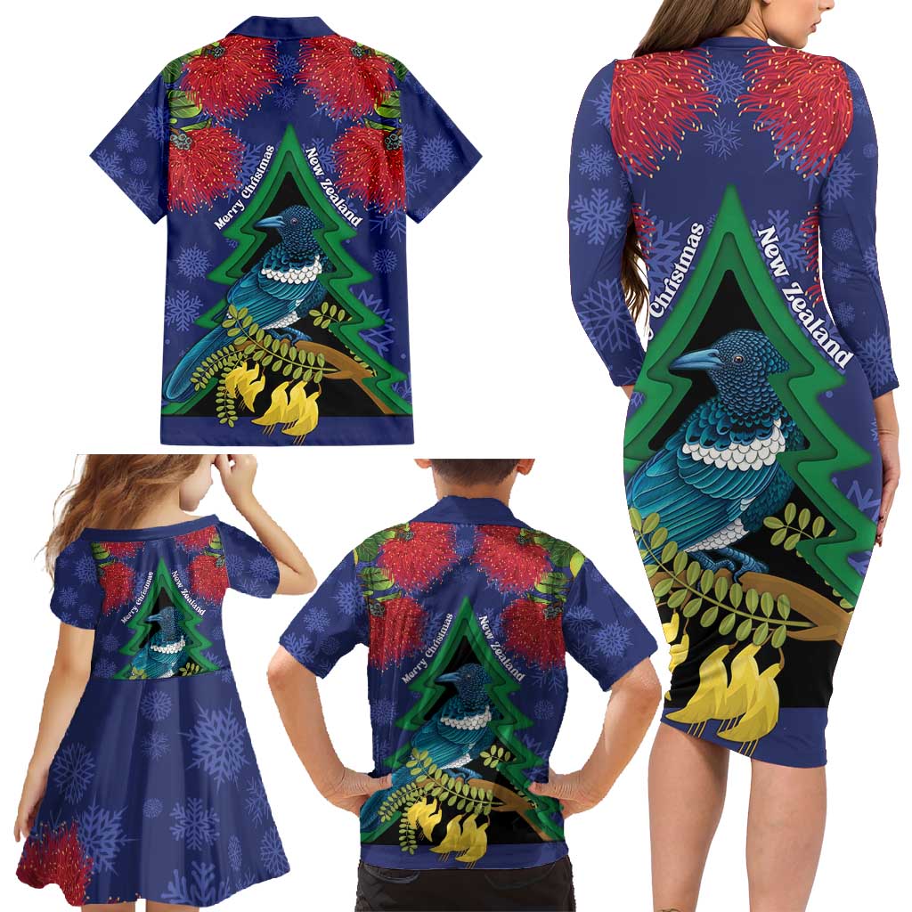New Zealand Christmas In July Family Matching Long Sleeve Bodycon Dress and Hawaiian Shirt Kowhai Tui Bird With Pohutukawa - Blue LT14 - Polynesian Pride