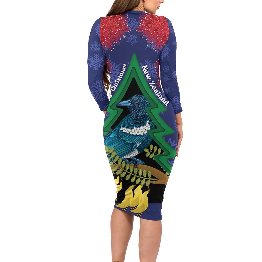 New Zealand Christmas In July Family Matching Long Sleeve Bodycon Dress and Hawaiian Shirt Kowhai Tui Bird With Pohutukawa - Blue LT14 - Polynesian Pride