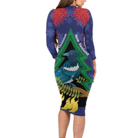 New Zealand Christmas In July Family Matching Long Sleeve Bodycon Dress and Hawaiian Shirt Kowhai Tui Bird With Pohutukawa - Blue LT14 - Polynesian Pride