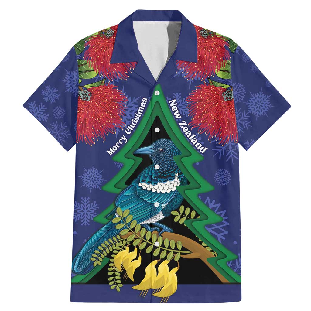 New Zealand Christmas In July Family Matching Mermaid Dress and Hawaiian Shirt Kowhai Tui Bird With Pohutukawa - Blue LT14 Dad's Shirt - Short Sleeve Blue - Polynesian Pride