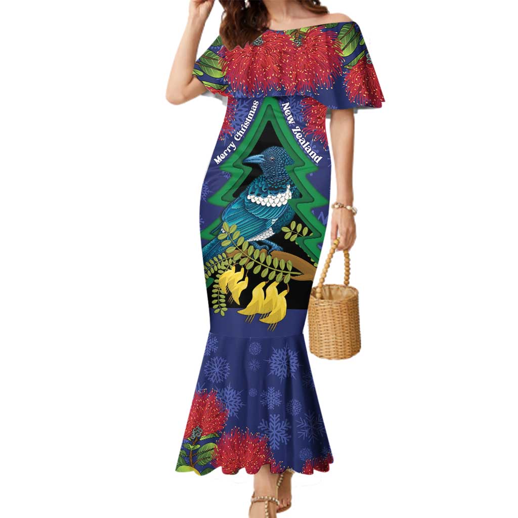 New Zealand Christmas In July Family Matching Mermaid Dress and Hawaiian Shirt Kowhai Tui Bird With Pohutukawa - Blue LT14 Mom's Dress Blue - Polynesian Pride
