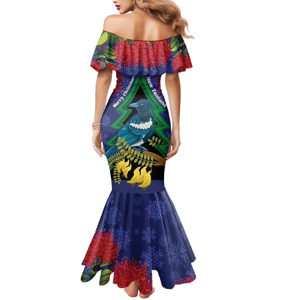 New Zealand Christmas In July Family Matching Mermaid Dress and Hawaiian Shirt Kowhai Tui Bird With Pohutukawa - Blue LT14 - Polynesian Pride