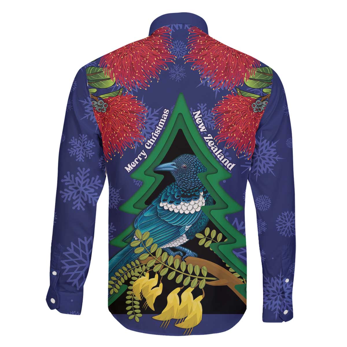 New Zealand Christmas In July Family Matching Off The Shoulder Long Sleeve Dress and Hawaiian Shirt Kowhai Tui Bird With Pohutukawa - Blue LT14 - Polynesian Pride
