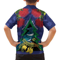 New Zealand Christmas In July Family Matching Off Shoulder Maxi Dress and Hawaiian Shirt Kowhai Tui Bird With Pohutukawa - Blue LT14 - Polynesian Pride