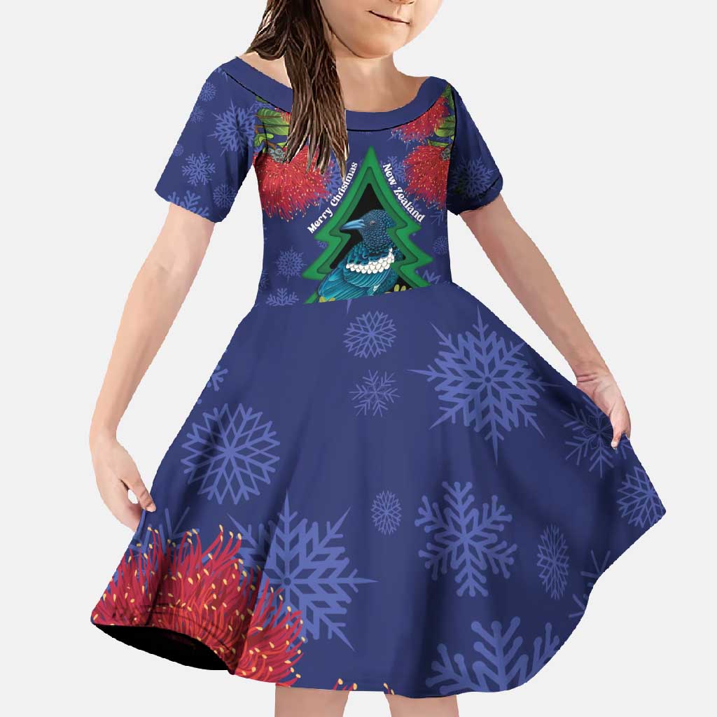New Zealand Christmas In July Family Matching Off Shoulder Maxi Dress and Hawaiian Shirt Kowhai Tui Bird With Pohutukawa - Blue LT14 Daughter's Dress Blue - Polynesian Pride