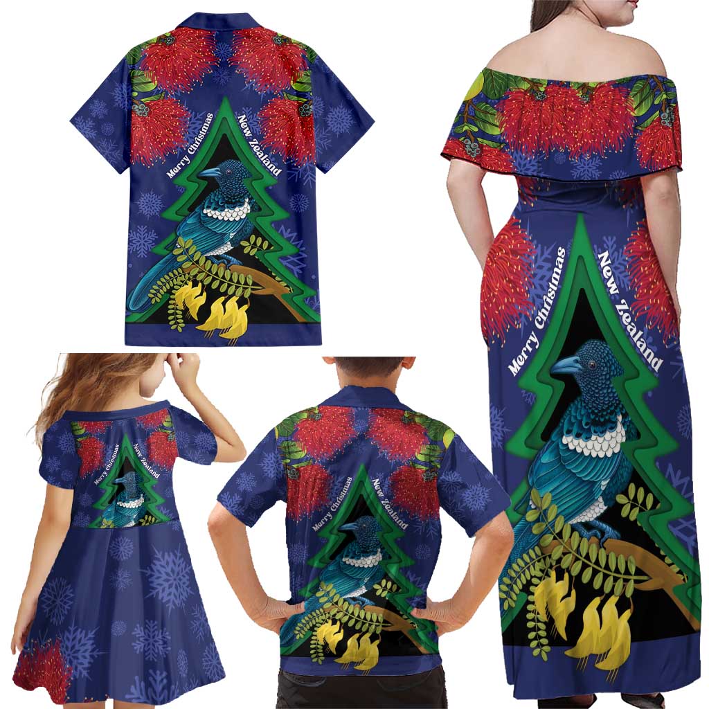 New Zealand Christmas In July Family Matching Off Shoulder Maxi Dress and Hawaiian Shirt Kowhai Tui Bird With Pohutukawa - Blue LT14 - Polynesian Pride
