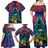 New Zealand Christmas In July Family Matching Off Shoulder Maxi Dress and Hawaiian Shirt Kowhai Tui Bird With Pohutukawa - Blue LT14 - Polynesian Pride