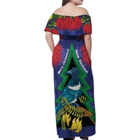 New Zealand Christmas In July Family Matching Off Shoulder Maxi Dress and Hawaiian Shirt Kowhai Tui Bird With Pohutukawa - Blue LT14 - Polynesian Pride