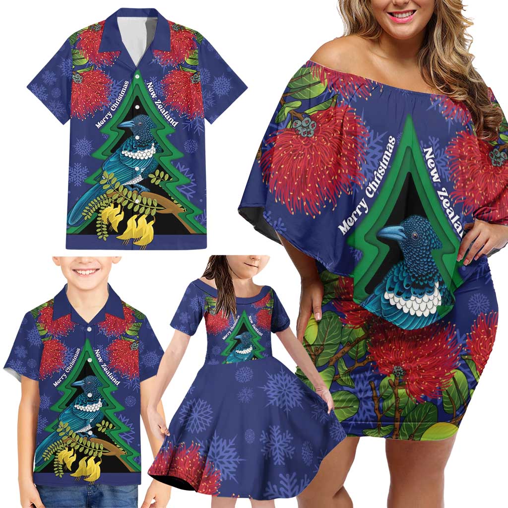 New Zealand Christmas In July Family Matching Off Shoulder Short Dress and Hawaiian Shirt Kowhai Tui Bird With Pohutukawa - Blue LT14 - Polynesian Pride