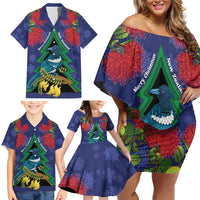 New Zealand Christmas In July Family Matching Off Shoulder Short Dress and Hawaiian Shirt Kowhai Tui Bird With Pohutukawa - Blue LT14 - Polynesian Pride