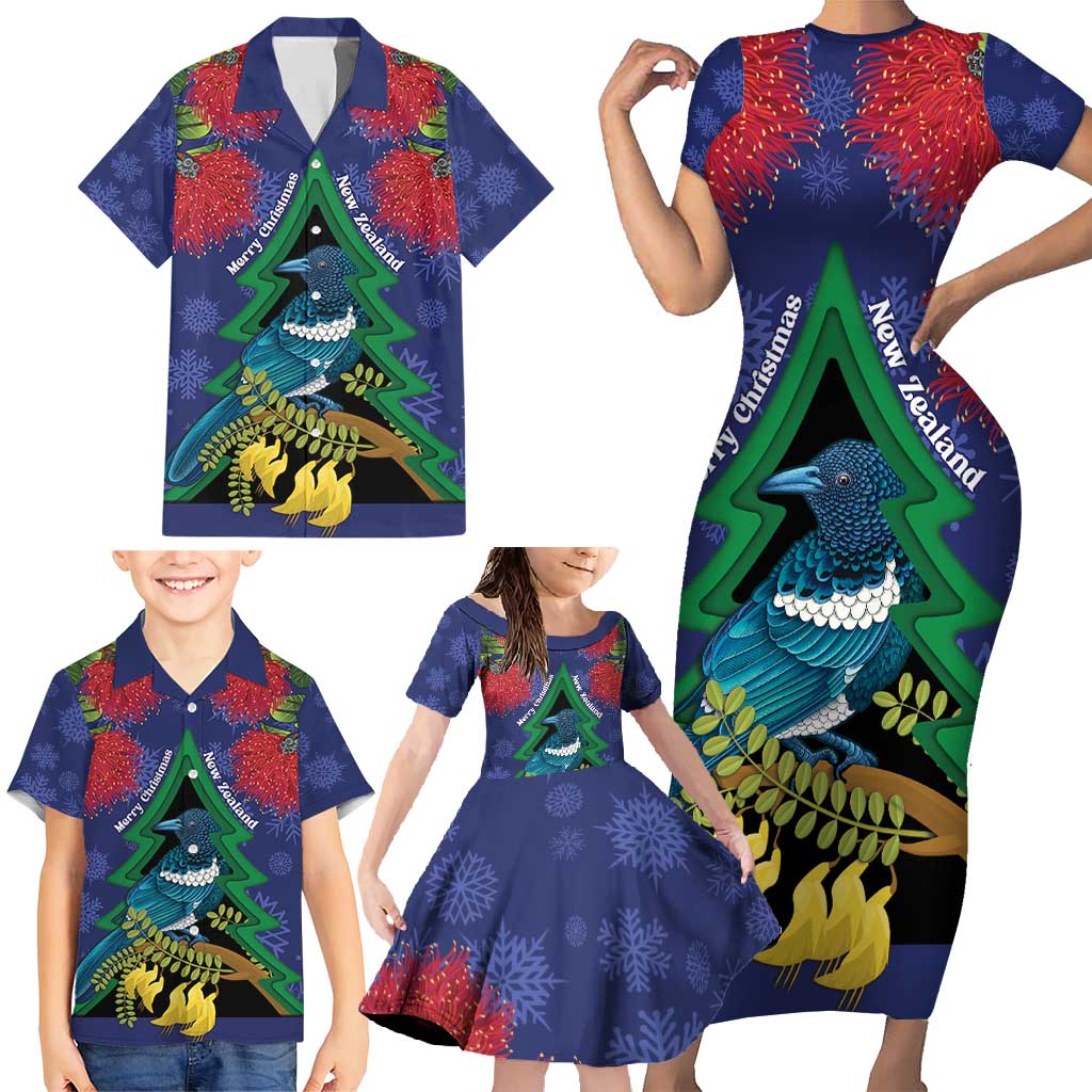 New Zealand Christmas In July Family Matching Short Sleeve Bodycon Dress and Hawaiian Shirt Kowhai Tui Bird With Pohutukawa - Blue LT14 - Polynesian Pride