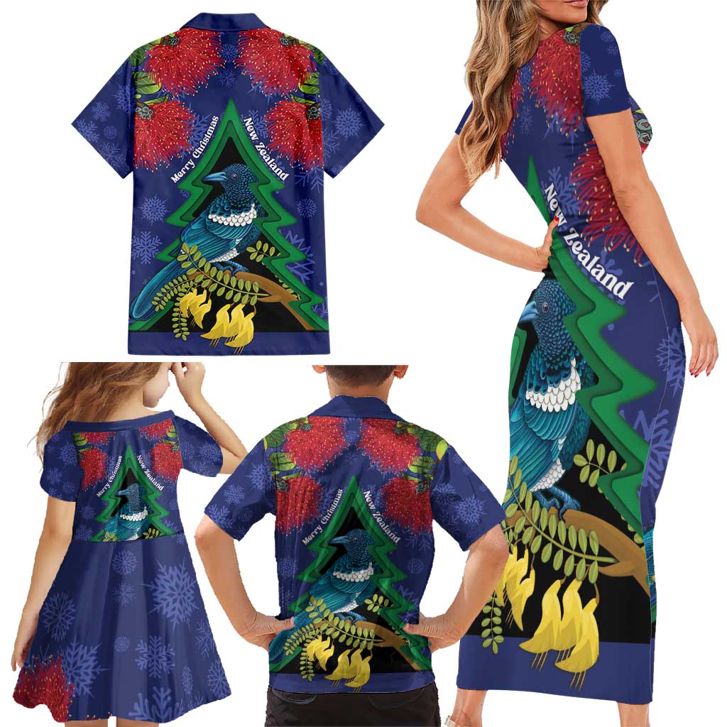 New Zealand Christmas In July Family Matching Short Sleeve Bodycon Dress and Hawaiian Shirt Kowhai Tui Bird With Pohutukawa - Blue LT14 - Polynesian Pride