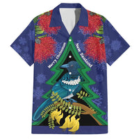 New Zealand Christmas In July Family Matching Short Sleeve Bodycon Dress and Hawaiian Shirt Kowhai Tui Bird With Pohutukawa - Blue LT14 Dad's Shirt - Short Sleeve Blue - Polynesian Pride