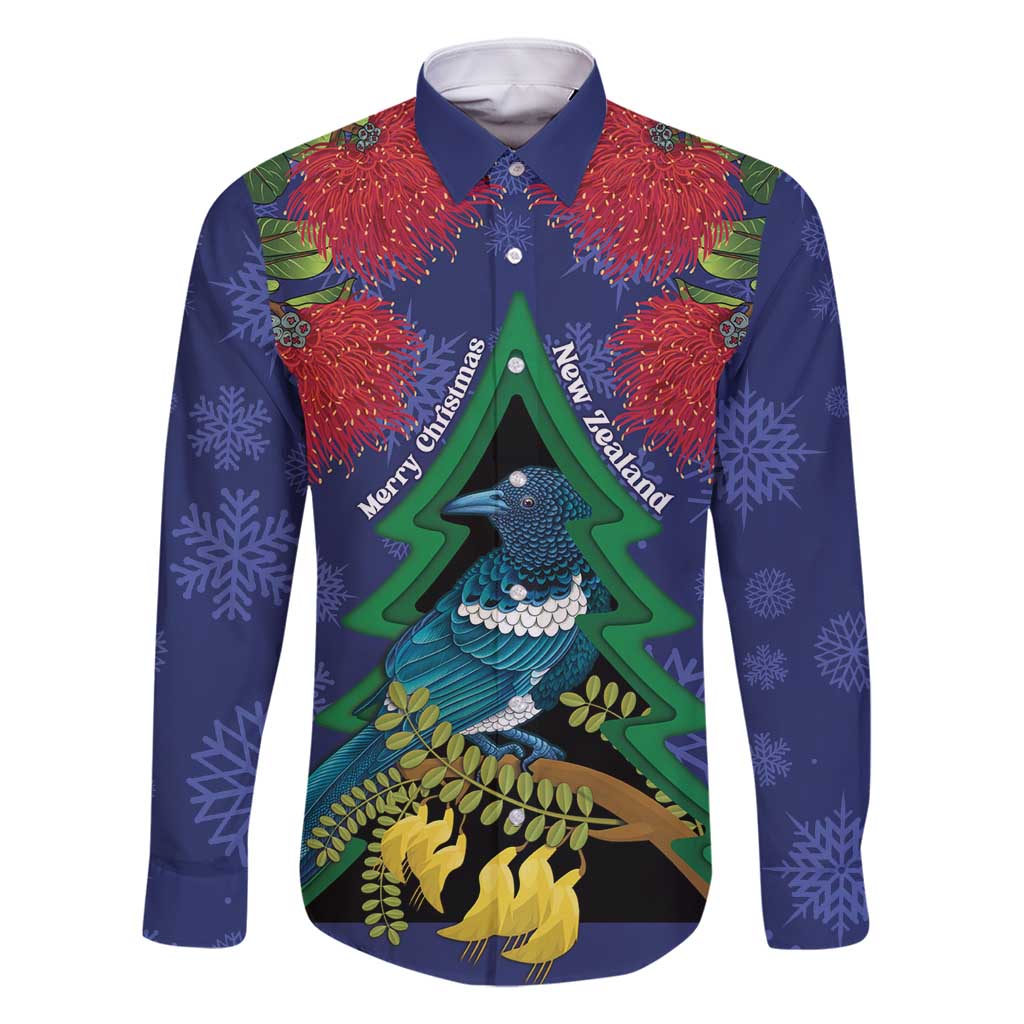 New Zealand Christmas In July Family Matching Summer Maxi Dress and Hawaiian Shirt Kowhai Tui Bird With Pohutukawa - Blue LT14 Dad's Shirt - Long Sleeve Blue - Polynesian Pride