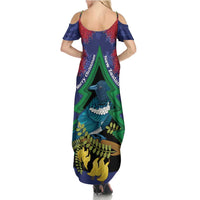 New Zealand Christmas In July Family Matching Summer Maxi Dress and Hawaiian Shirt Kowhai Tui Bird With Pohutukawa - Blue LT14 - Polynesian Pride