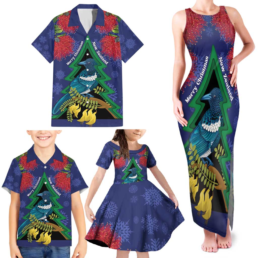 New Zealand Christmas In July Family Matching Tank Maxi Dress and Hawaiian Shirt Kowhai Tui Bird With Pohutukawa - Blue LT14 - Polynesian Pride