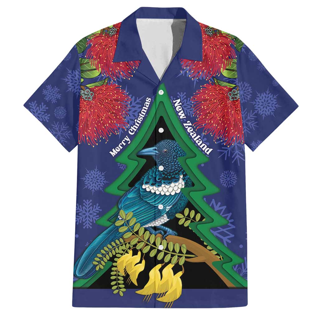 New Zealand Christmas In July Family Matching Tank Maxi Dress and Hawaiian Shirt Kowhai Tui Bird With Pohutukawa - Blue LT14 Dad's Shirt - Short Sleeve Blue - Polynesian Pride