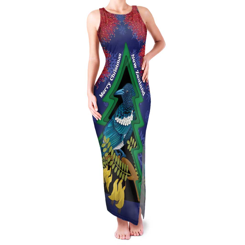 New Zealand Christmas In July Family Matching Tank Maxi Dress and Hawaiian Shirt Kowhai Tui Bird With Pohutukawa - Blue LT14 Mom's Dress Blue - Polynesian Pride