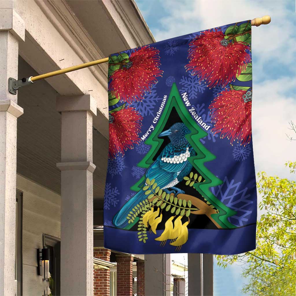 New Zealand Christmas In July Garden Flag Kowhai Tui Bird With Pohutukawa - Blue LT14 House Flag Blue - Polynesian Pride